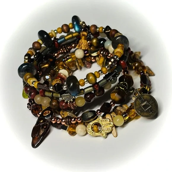 🆕 OOAK Bohemian Bead Mix Memory Wire Wrap Bracelet — Semi Precious Gemstone